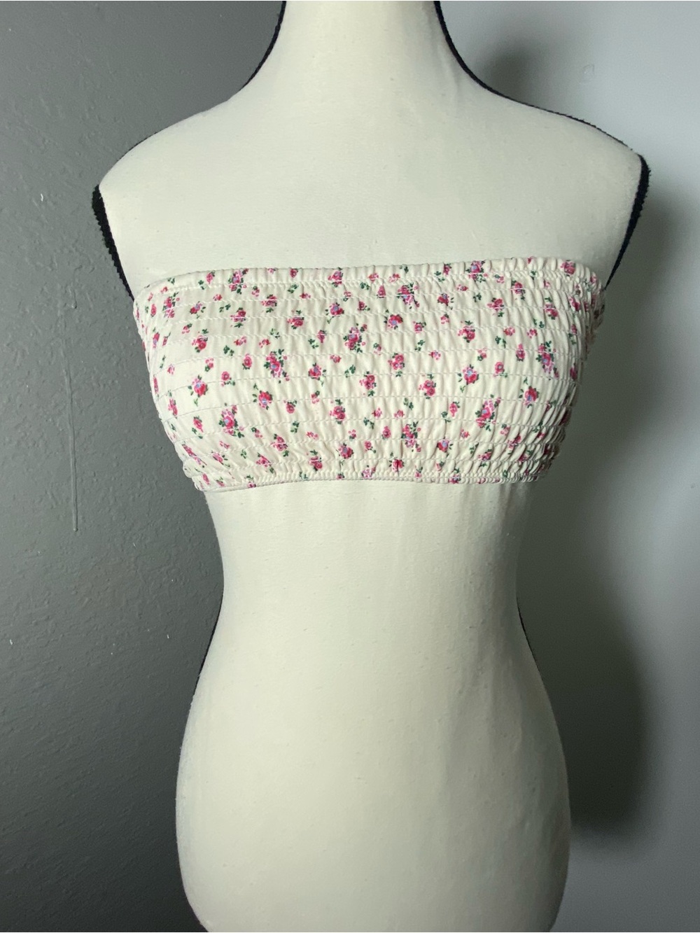 Spiritual Gangster Pink Ditsy Floral Smocked Bandeau Bikini Top Size XS